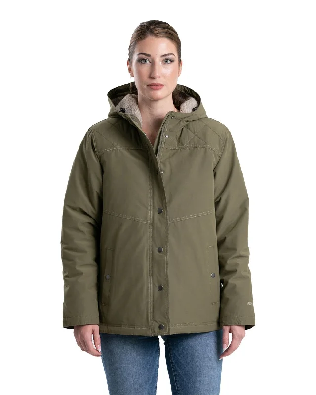 classic jacketBerne Womens Softstone Micro-Duck Hooded Burnt Olive Cotton Blend Coat