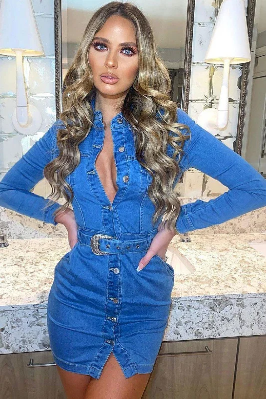 silk dressWestern Long Sleeve Stretch Mini Dress In Blue Denim