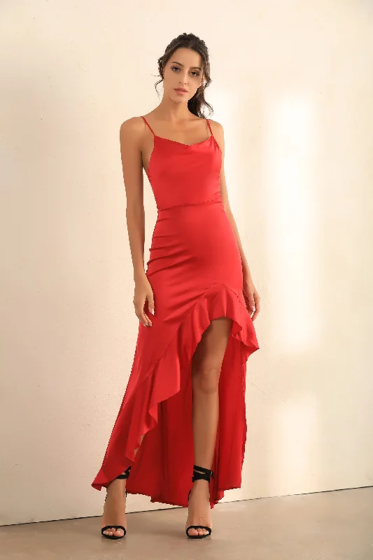 satin midi dressCami Asymmetric Ruffle Hem Dress In Red Satin