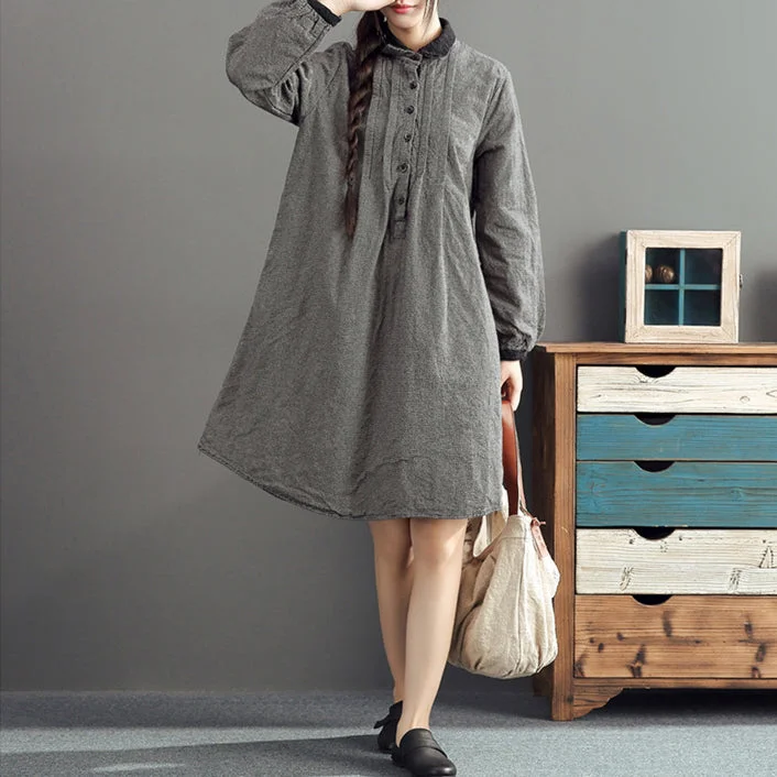 sleeveless dressautumn gray grid cotton dresses plus size casual long sleeve lapel thick dress