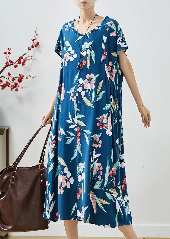 ruffle dressFrench Blue Oversized Print Cotton Maxi Dresses Summer