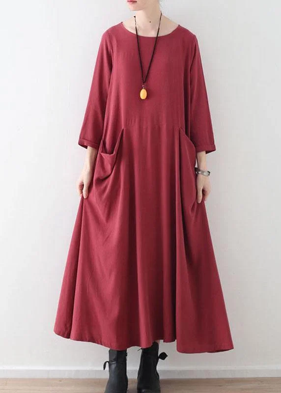 ruffle dressHandmade Red Pockets Long sleeve Loose Dress Fall