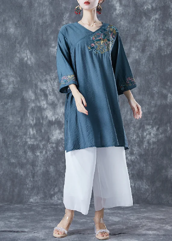 wool dressNavy Oversized Linen Mid Dress V Neck Embroideried Bracelet Sleeve