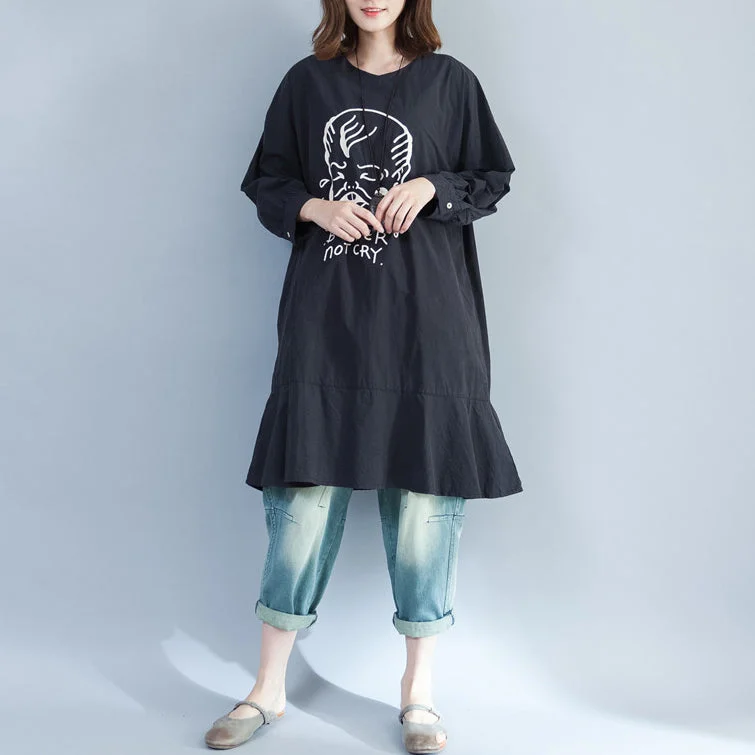 printed dress2024 baggy loose black prints cotton dresses plus size long  fit a line dress