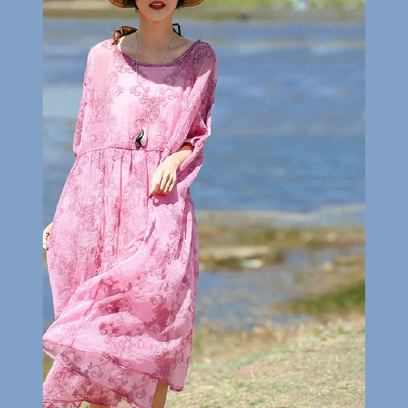 minimalistic dressFine pink silk caftans trendy plus size O neck silk clothing dress casual Three Quarter sleeve baggy dresses