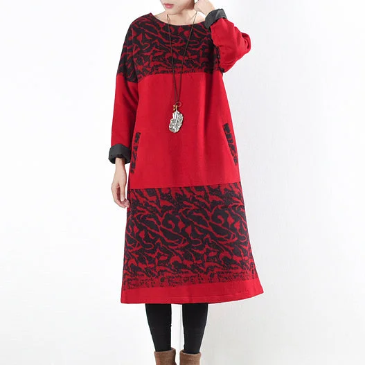 v-neck dressred vintage winter dresses 2024 winter woolen print maxi dress pullover caftans long shirts