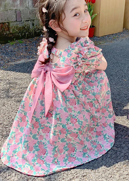 casual midi dressStylish Pink Print Ruffled Bow Patchwork Chiffon Kids Girls Dress Summer