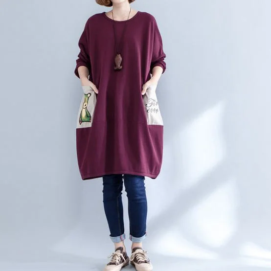 floral midi dressburgundy pockets prints cotton casual dress plus size o neck baggy dress