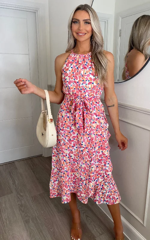 ruffle dressFloral Print Halter Midi Dress with Frill Hem and Waist Belt - Pink Palette