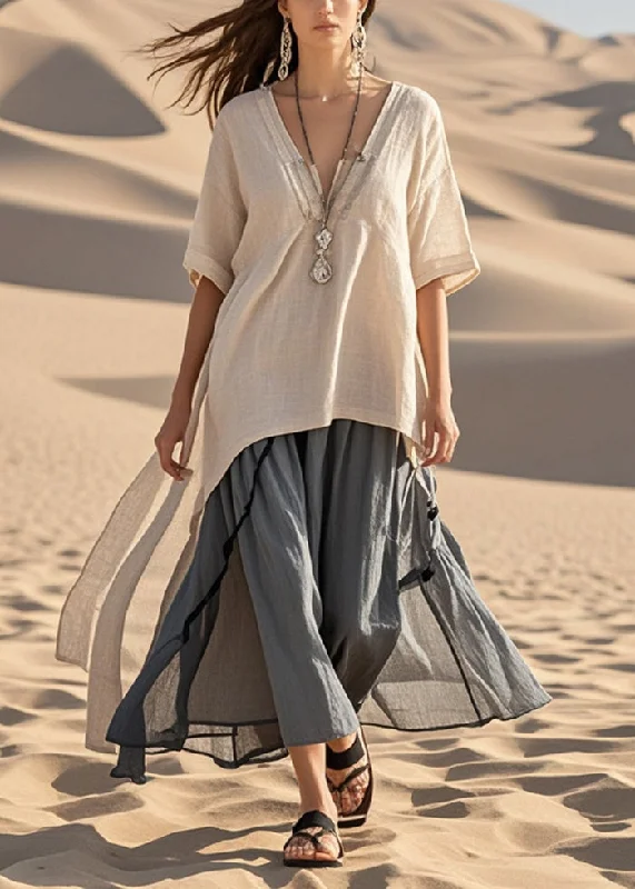 draped dressItalian Beige Asymmetrical Patchwork Cotton Long Dress Summer