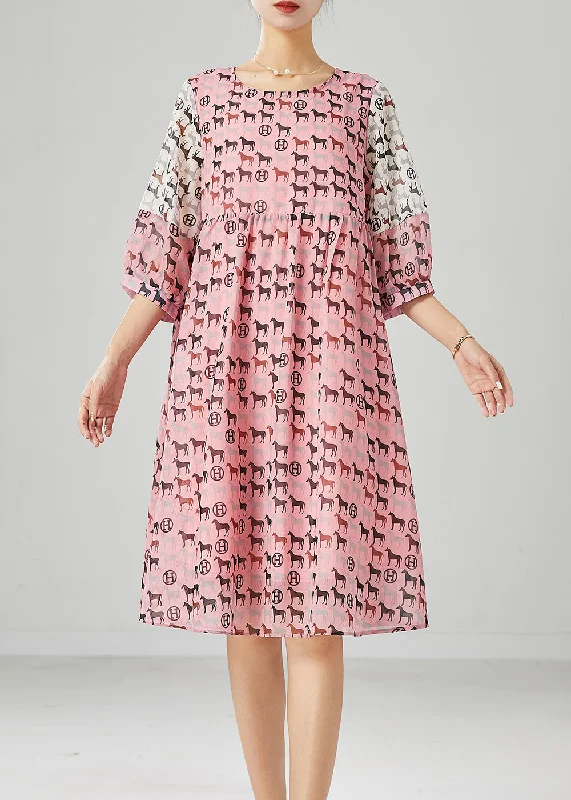 v-neck dressFashion Pink Pony Print Patchwork Chiffon Dress Summer