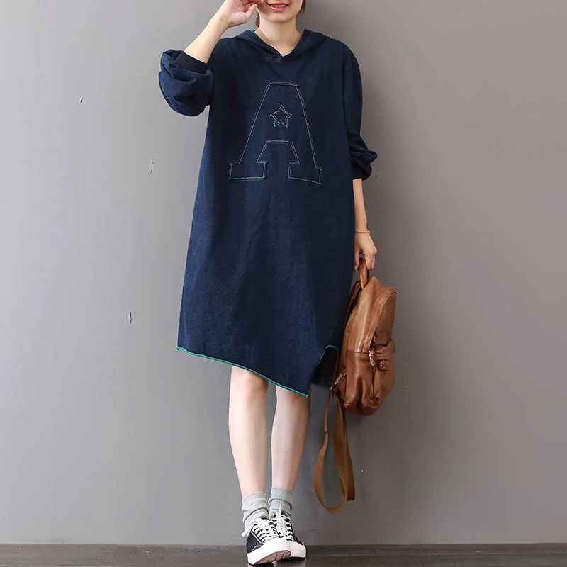 evening dressNew blue cotton knee dress Loose fitting traveling clothing asymmetric hem 2018hooded cotton dresses