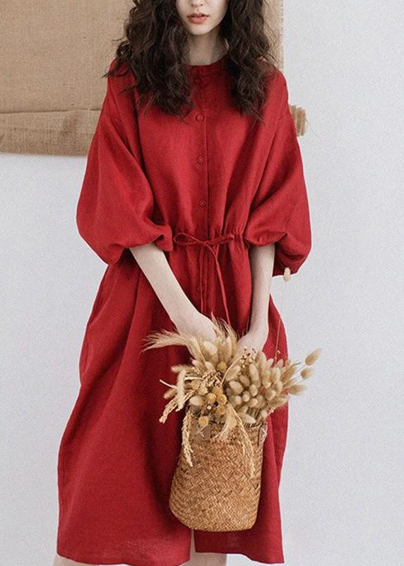 evening dressWomen Red Stand Collar Drawstring Patchwork Linen Dresses Summer