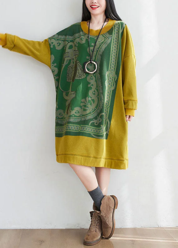 casual summer dressYellow Patchwork Cotton Loose Sweatshirt Dress O-Neck Print Spring