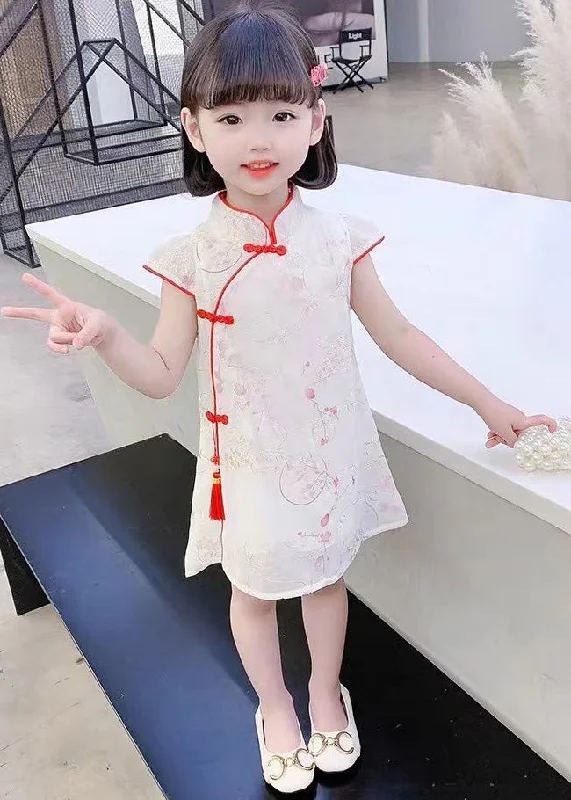 trendy wrap dressRed Stand Collar Button Silk Kids Mid Dress Summer