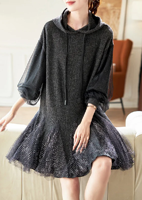 t-shirt dressStylish Dark Grey Hooded Tulle Patchwork Knit Dresses Spring