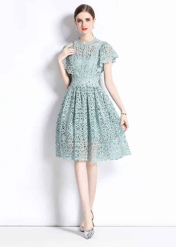 casual midi dressNew Hollow Out Embroideried Wrinkled Patchwork Lace Mid Dress Butterfly Sleeve