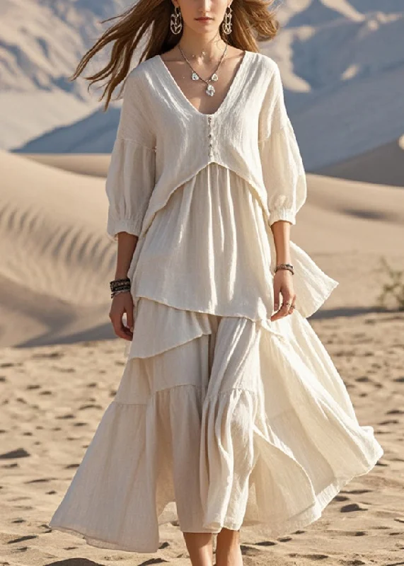 pleated maxi dressStyle White Asymmetrical Cotton Maxi Dresses Bracelet Sleeve