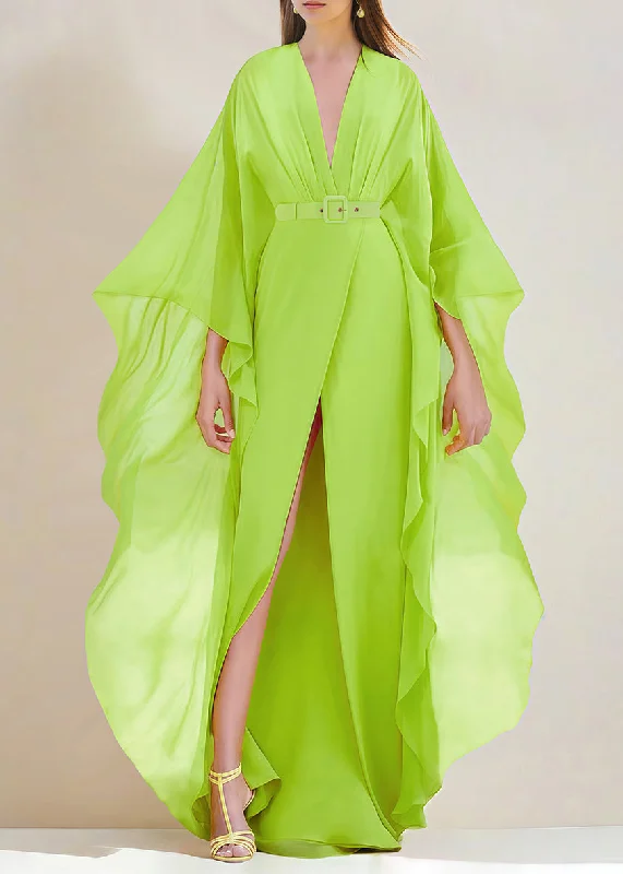 chic shift dressStylish Green V Neck Ruffled Front Open Silk Long Dress Spring