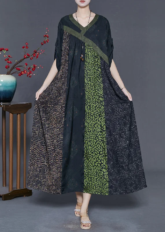 vintage-inspired dressGreen Patchwork Silk Holiday Dress Oversized Spring