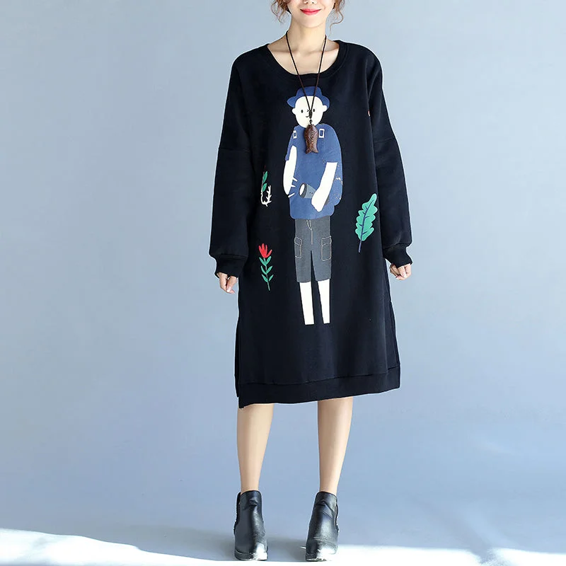 chic shift dress2024 winter black thick cotton dresses plus size prints long sleeve side open  casual shift dress