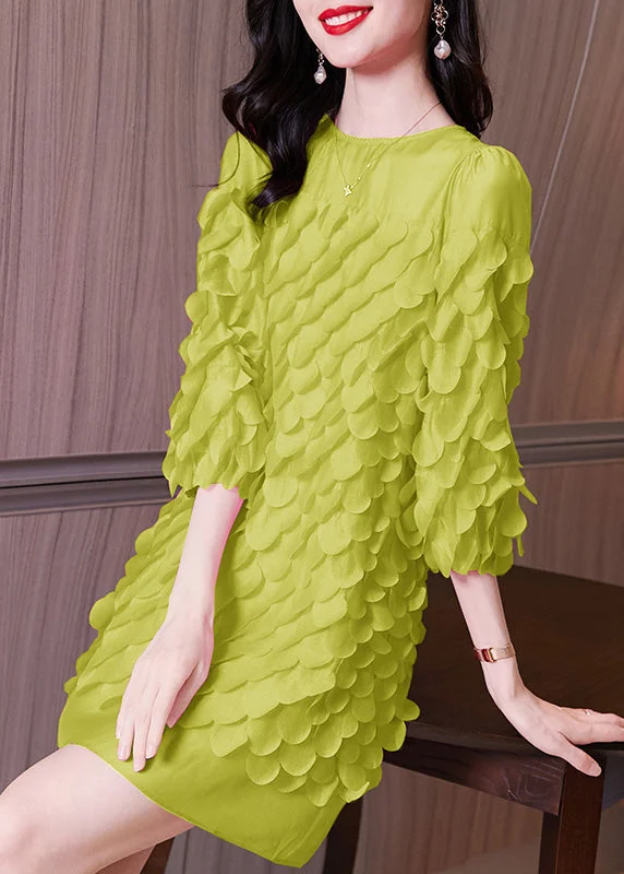 casual evening dressLoose Green Puff Sleeve Three Dimensional Petal Dress Bracelet Sleeve