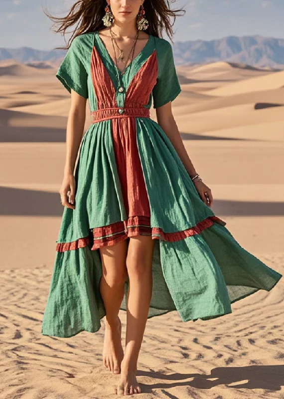 playful dressBeautiful Green Asymmetrical Patchwork Cotton Vacation Dresses Summer