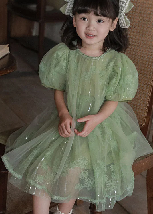 silk dressHandmade Green Sequins Patchwork Tulle Kids Girls Dresses Puff Sleeve