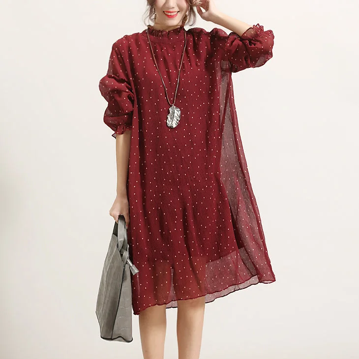 casual knit dresstrendy burgundy dotted summer dress Stand long sleeve bridesmaid dress Cinched tulle dress