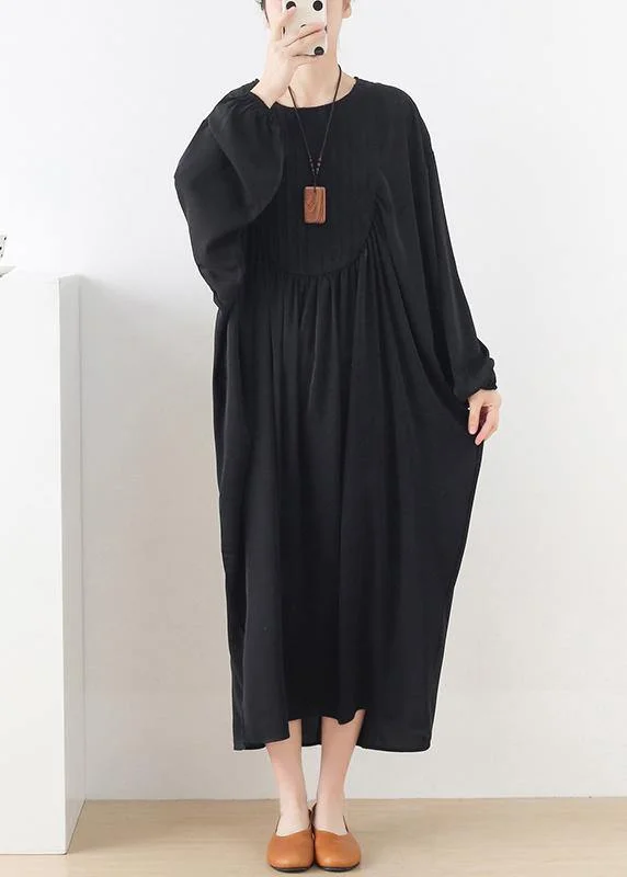 vintage-inspired dressModern Black Long Sleeve Cotton O-Neck Spring Long Dresses