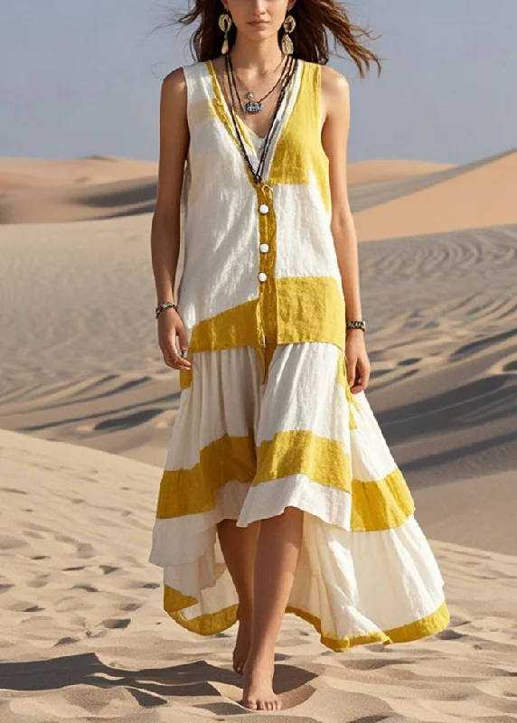 flowy evening dressBoutique White Asymmetrical Patchwork Cotton Long Dresses Sleeveless