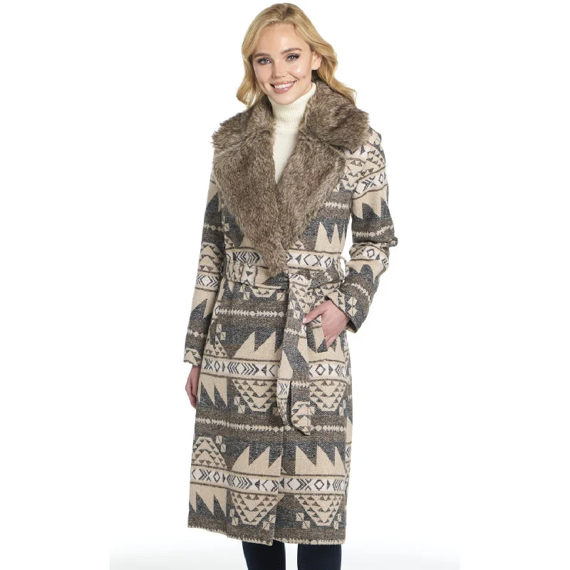 insulated jacketCripple Creek Womens Belted Navajo Blanket Snap Wood Ash Polyester Duster Coat