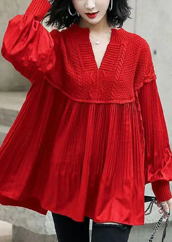 casual dressStylish Red Knit Patchwork Cotton Shirts Dress Batwing Sleeve