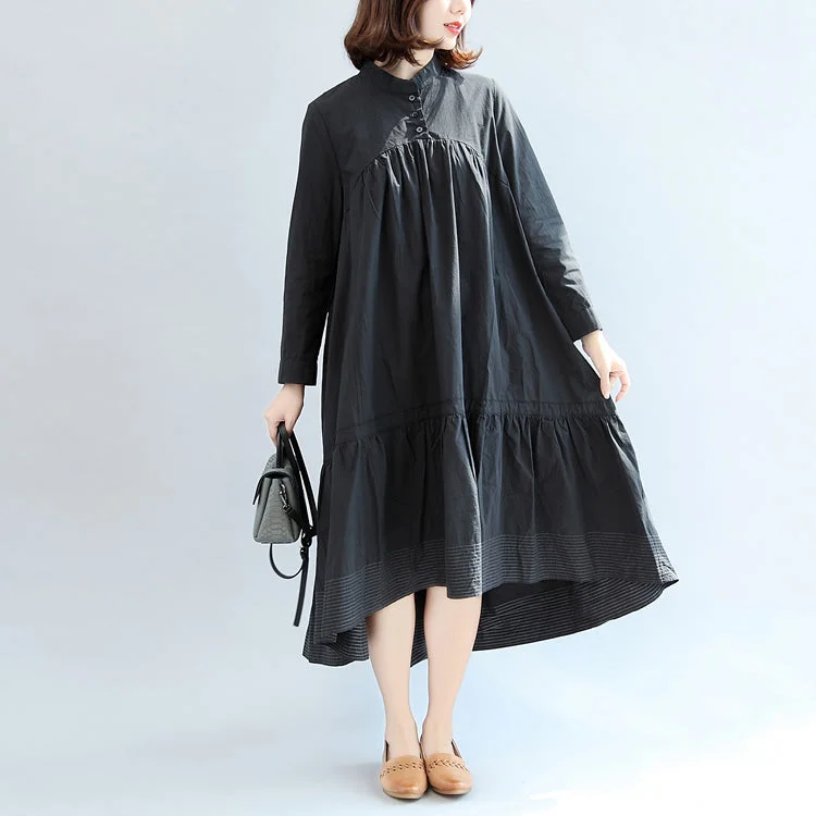 layered dress2024 autumn black butterfly hem cotton dresses oversize casual maxi dress