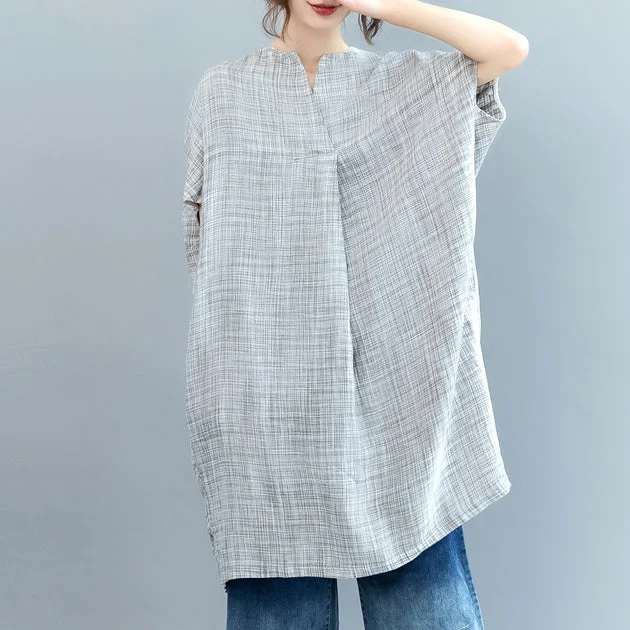 statement dressvintage gray Plaid Midi-length linen dress casual linen clothing dress Fine Batwing Sleeve o neck baggy dresses