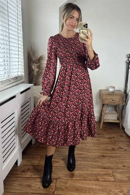 textured dressRed Floral Long Sleeve Midi Dress