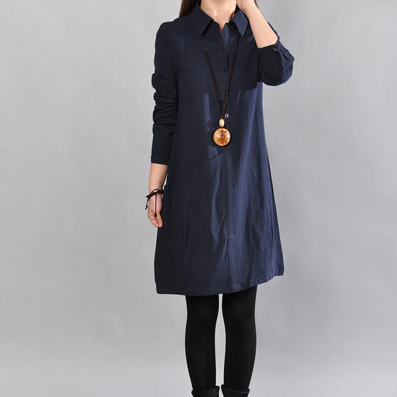 draped dresswomen navy pure linen dresses Loose fitting cotton maxi dress Fine big pockets long sleeve shirt dress