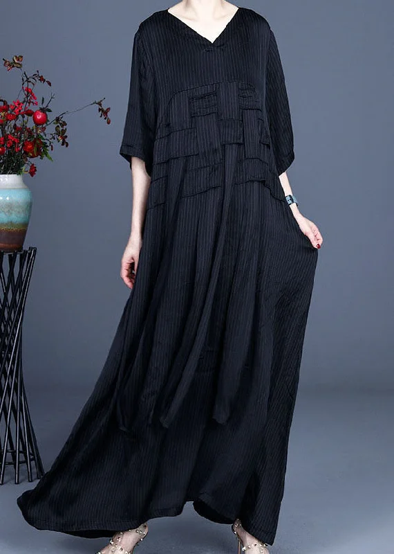 trendy wrap dressArt Black V Neck Patchwork Silk Dresses Half Sleeve