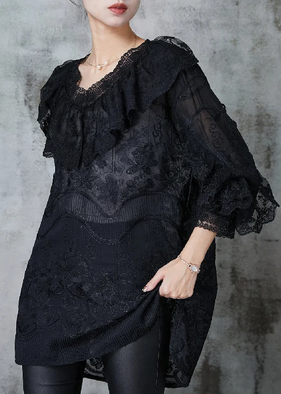 elegant evening dressBlack Lace Dress Embroidered Ruffles Spring