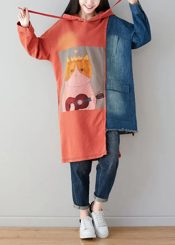 sleeveless dressFrench Orange Asymmetrical Design Cartoon Print Cotton Sweatshirt Dress Spring