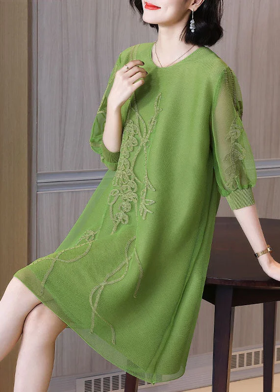 A-line dressVogue Green O-Neck Embroidered Holiday Tulle Mid Dress Fall