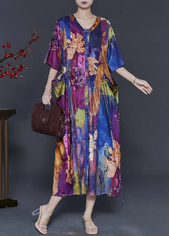 ashionable dressItalian Purple Oversized Print Silk Long Dress Summer