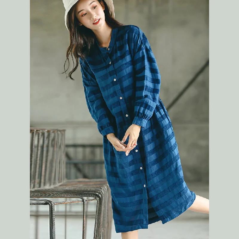 summer dressstylish blue striped oversized casual dress pockets Fine stand collar natural linen dress