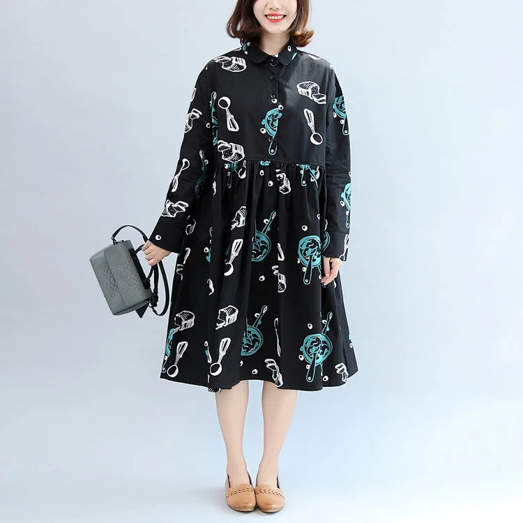 pleated maxi dress2024 fall black print cotton outwear plus size casual long sleeve warm clothes