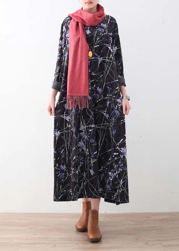 cocktail party dressWarm black purple print silk Cotton blend dresses oversized winter dresses Elegant o neck long dress