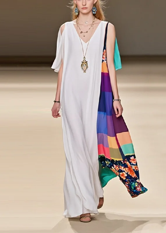 modern dressFine White Asymmetrical Patchwork Cold Shoulder Chiffon Dress Summer