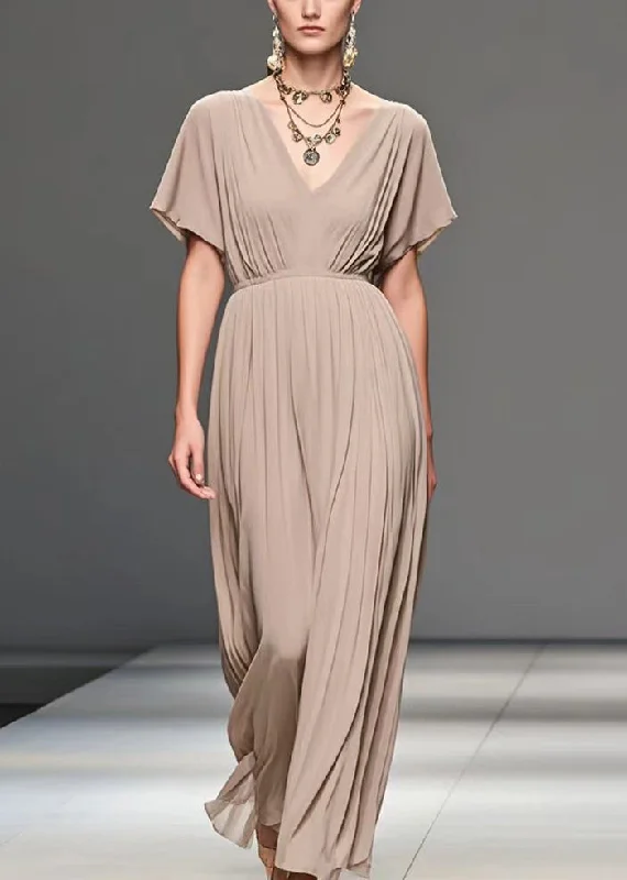 shift dressElegant Apricot V Neck Wrinkled Chiffon Long Dress Summer