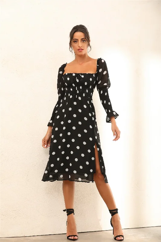 wrap dressPolka Dot Long Sleeves Split Midi Dress In Black