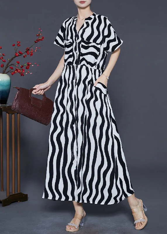 draped dressWomen Black V Neck Striped Chiffon Dress Summer