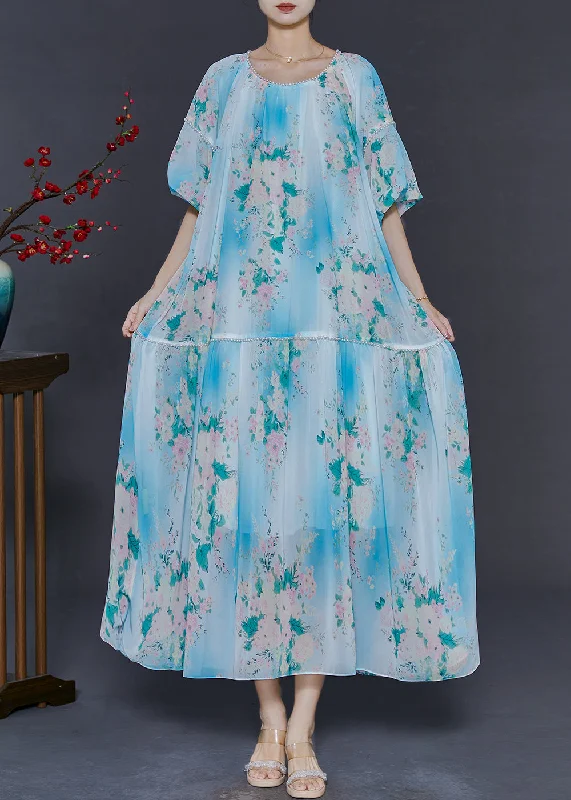 midi dressDIY Sky Blue Oversized Print Chiffon Long Dress Summer